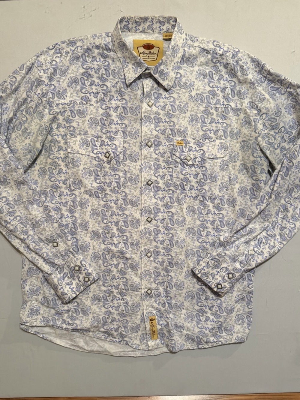 Larry Mahan Cowboy Collection Mens L Blue Paisley Western Pearl Snap Ranch Rodeo